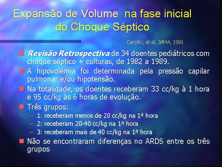 Expansão de Volume na fase inicial do Choque Séptico Carcillo, et al, JAMA, 1991