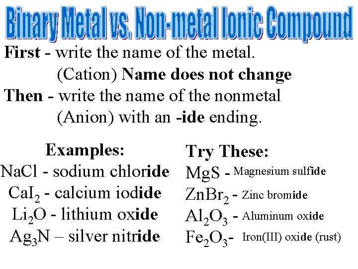 First - write the name of the metal. (Cation) Name does not change Then