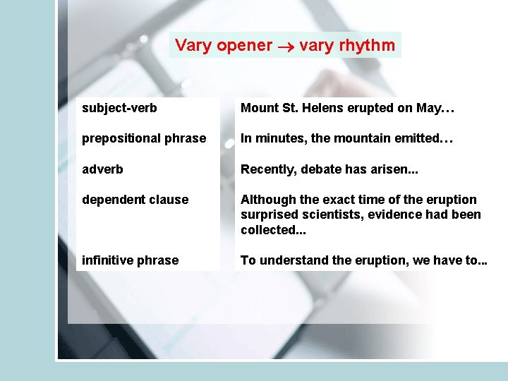 Vary opener vary rhythm subject-verb Mount St. Helens erupted on May… prepositional phrase In