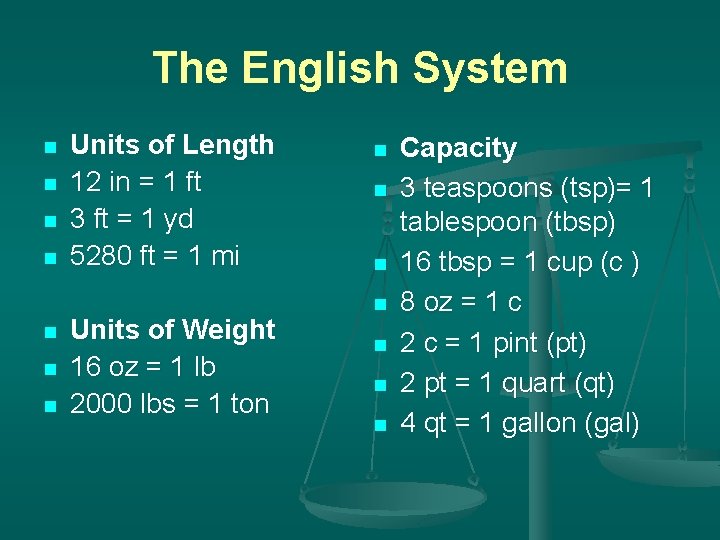 The English System n n n n Units of Length 12 in = 1