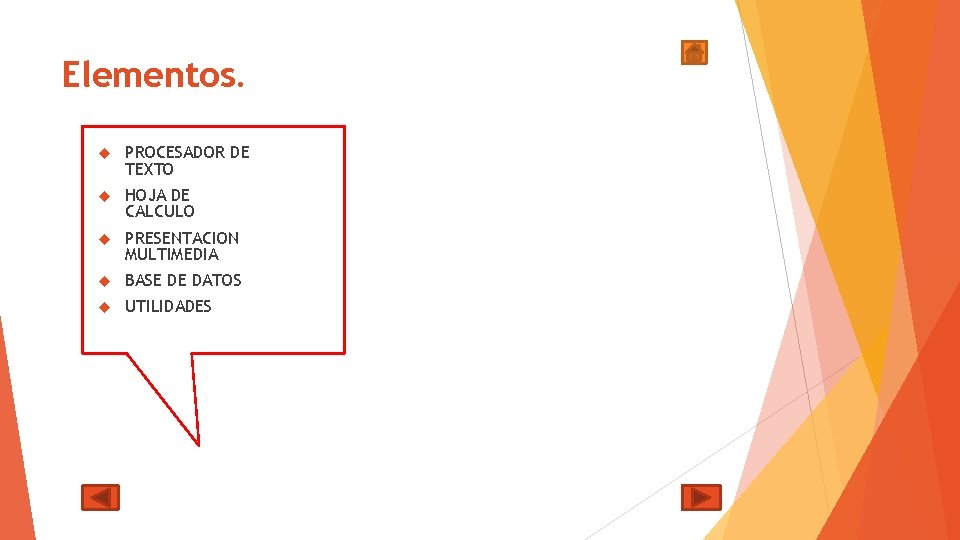 Elementos. PROCESADOR DE TEXTO HOJA DE CALCULO PRESENTACION MULTIMEDIA BASE DE DATOS UTILIDADES 