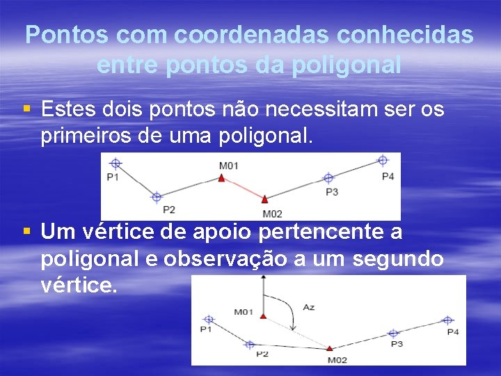 Pontos com coordenadas conhecidas entre pontos da poligonal § Estes dois pontos não necessitam Pontos com coordenadas conhecidas entre pontos da poligonal § Estes dois pontos não necessitam