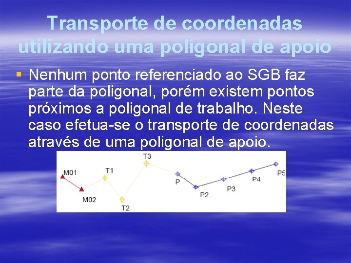 Transporte de coordenadas utilizando uma poligonal de apoio § Nenhum ponto referenciado ao SGB Transporte de coordenadas utilizando uma poligonal de apoio § Nenhum ponto referenciado ao SGB
