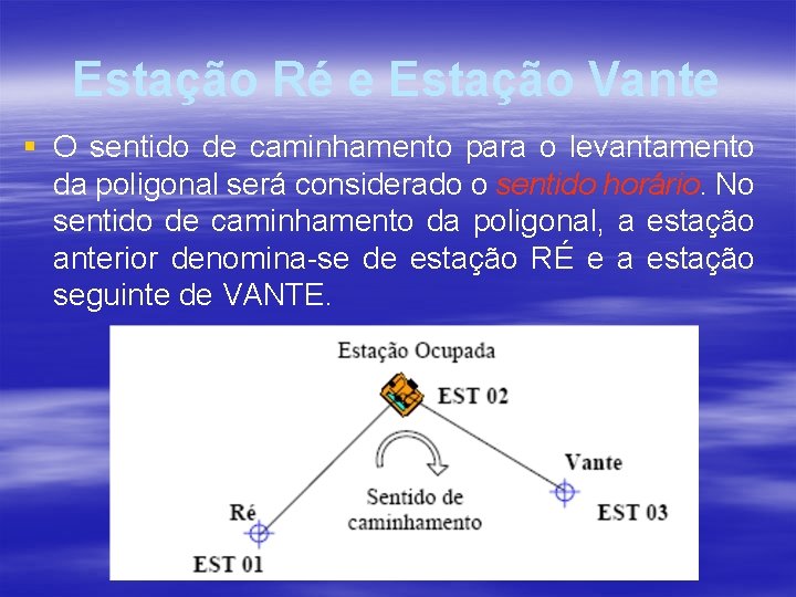 Estação Ré e Estação Vante § O sentido de caminhamento para o levantamento da Estação Ré e Estação Vante § O sentido de caminhamento para o levantamento da