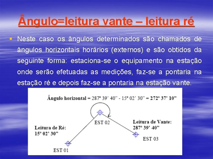 ngulo=leitura vante – leitura ré § Neste caso os ângulos determinados são chamados ngulo=leitura vante – leitura ré § Neste caso os ângulos determinados são chamados