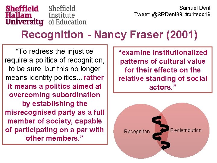 Samuel Dent Tweet: @SRDent 89 #britsoc 16 Recognition - Nancy Fraser (2001) “To redress