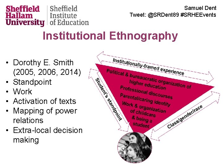 Samuel Dent Tweet: @SRDent 89 #SRHEEvents Institutional Ethnography • Dorothy E. Smith (2005, 2006,