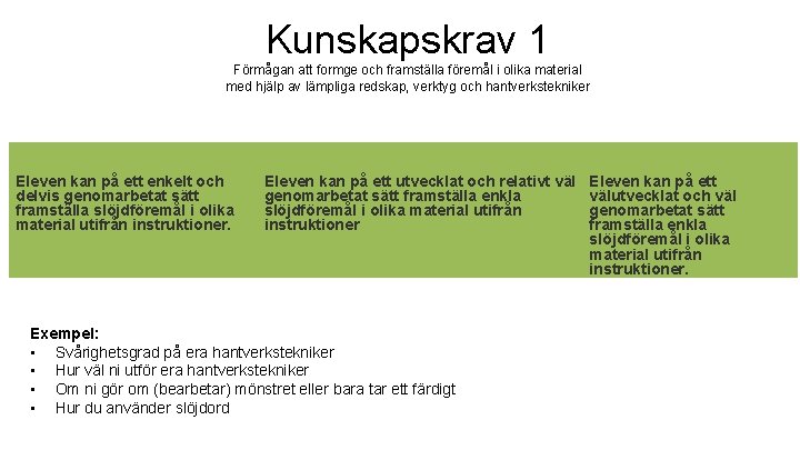 Kunskapskrav 1 Förmågan att formge och framställa föremål i olika material med hjälp av