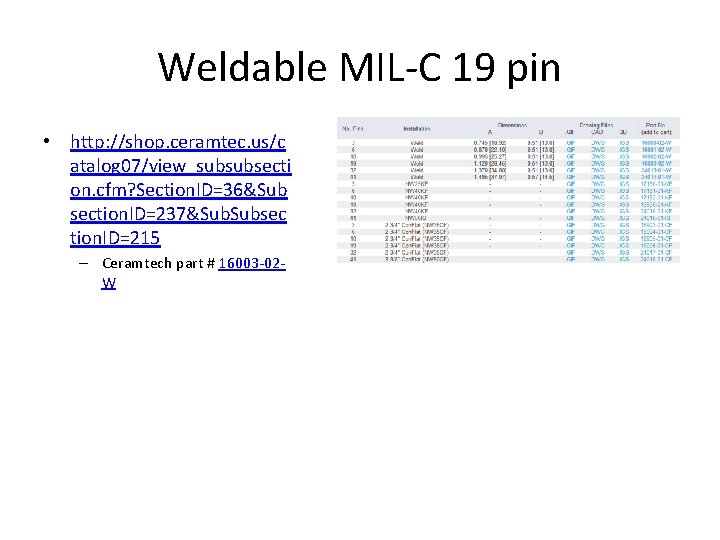 Weldable MIL-C 19 pin • http: //shop. ceramtec. us/c atalog 07/view_subsubsecti on. cfm? Section.