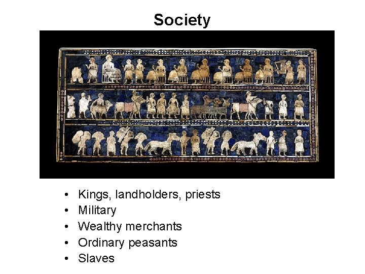 Society • • • Kings, landholders, priests Military Wealthy merchants Ordinary peasants Slaves 