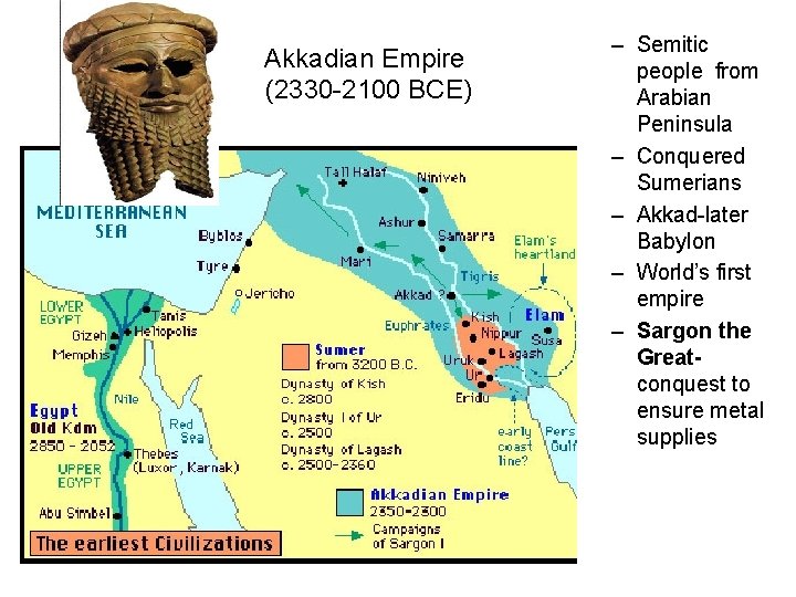 Akkadian Empire (2330 -2100 BCE) – Semitic people from Arabian Peninsula – Conquered Sumerians