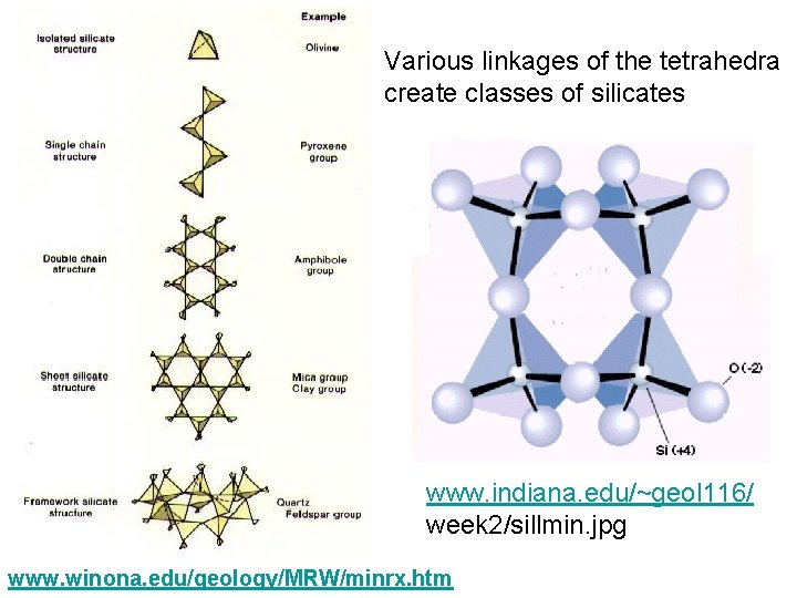 Various linkages of the tetrahedra create classes of silicates www. indiana. edu/~geol 116/ week