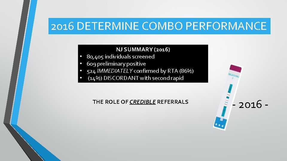 2016 DETERMINE COMBO PERFORMANCE • • NJ SUMMARY (2016) 80, 405 individuals screened 609