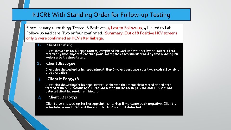 NJCRI: With Standing Order for Follow-up Testing Since January 1, 2016: 59 Tested, 8