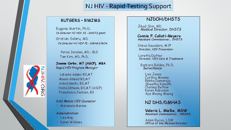 NJ HIV - Rapid Testing Support RUTGERS – RWJMS Eugene Martin, Ph. D. Co-Director