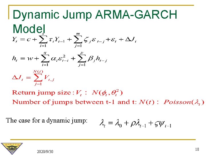Dynamic Jump ARMA-GARCH Model The case for a dynamic jump: 2020/9/30 18 Dynamic Jump ARMA-GARCH Model The case for a dynamic jump: 2020/9/30 18