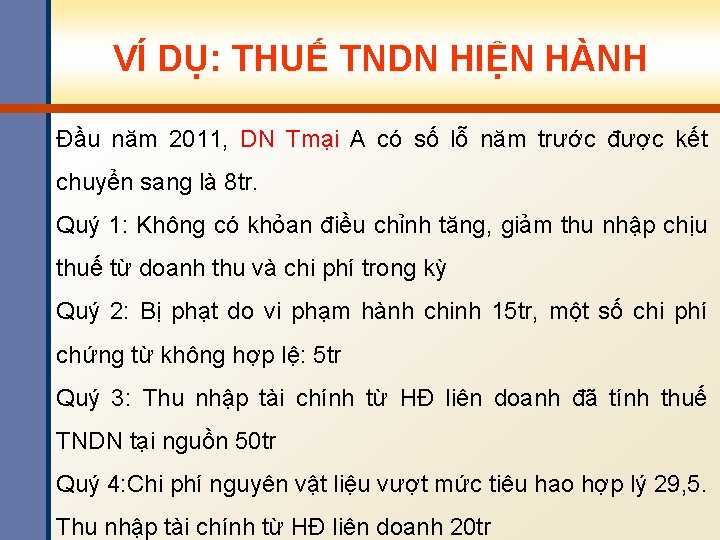 VÍ DỤ: THUẾ TNDN HIỆN HÀNH Đầu năm 2011, DN Tmại A có số