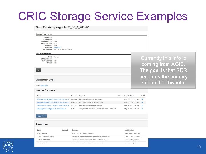 CRIC Storage Service Examples Currently this info is coming from AGIS. The goal is