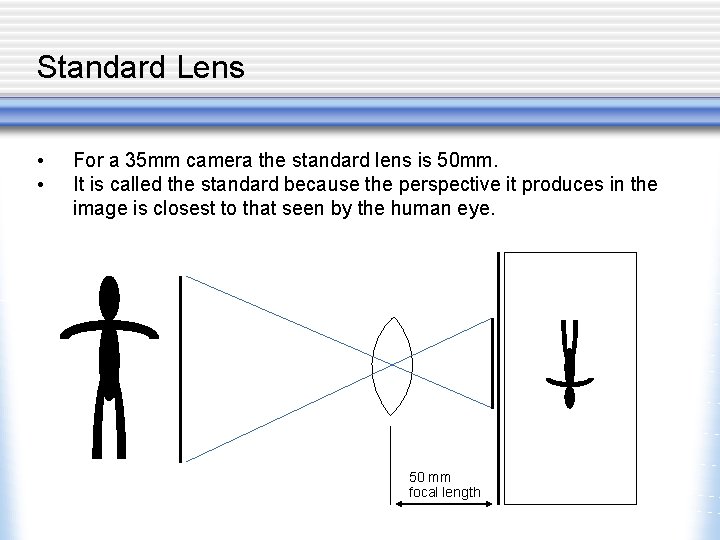 Standard Lens • • For a 35 mm camera the standard lens is 50