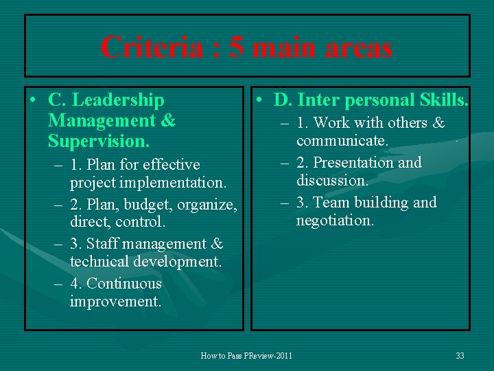 Criteria : 5 main areas • C. Leadership Management & Supervision. • D. Inter