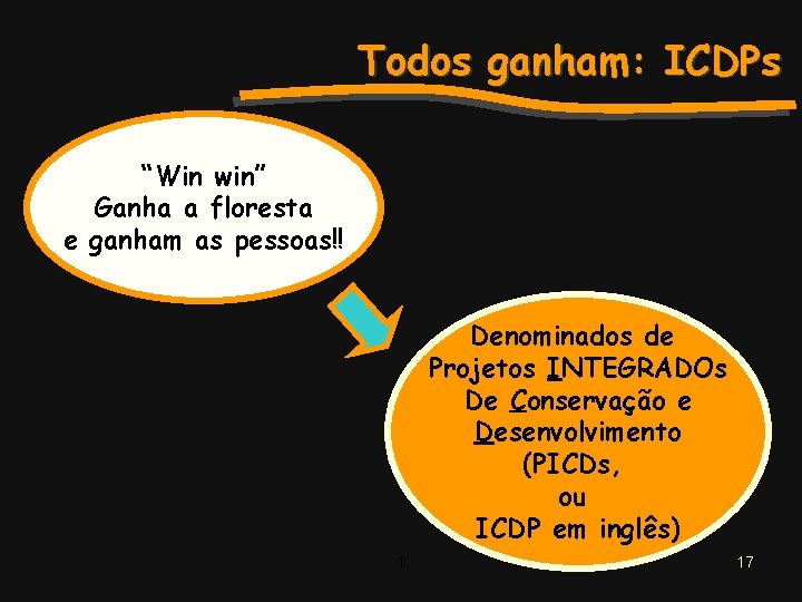 Todos ganham: ICDPs “Win win” Ganha a floresta e ganham as pessoas!! Denominados de