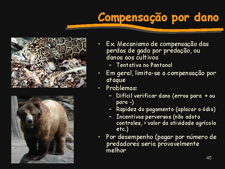 Compensação por dano • Ex. Mecanismo de compensação das perdas de gado por predação,