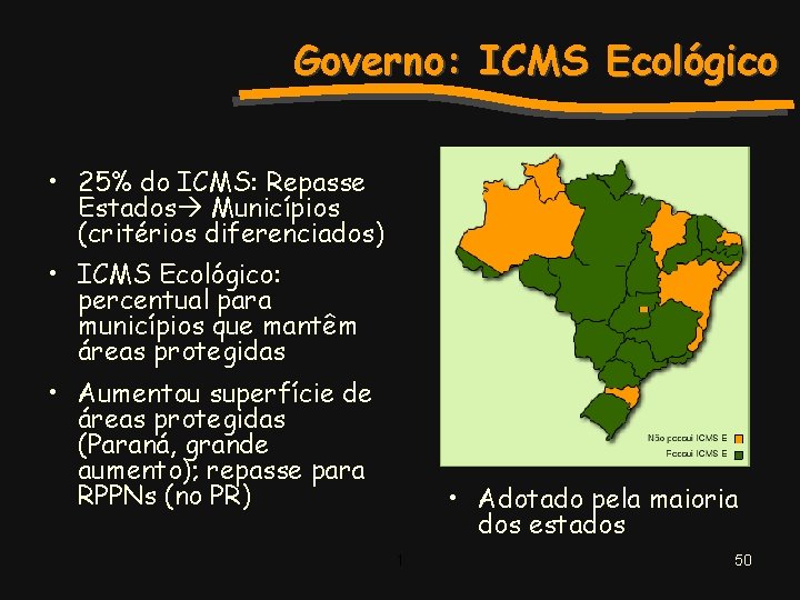 Governo: ICMS Ecológico • 25% do ICMS: Repasse Estados Municípios (critérios diferenciados) • ICMS