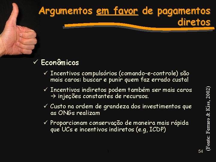 Argumentos em favor de pagamentos diretos ü Econômicos ü Incentivos indiretos podem também ser