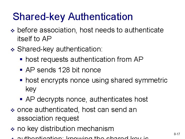 Shared-key Authentication v v before association, host needs to authenticate itself to AP Shared-key