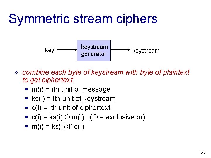 Symmetric stream ciphers key v keystream generator keystream combine each byte of keystream with