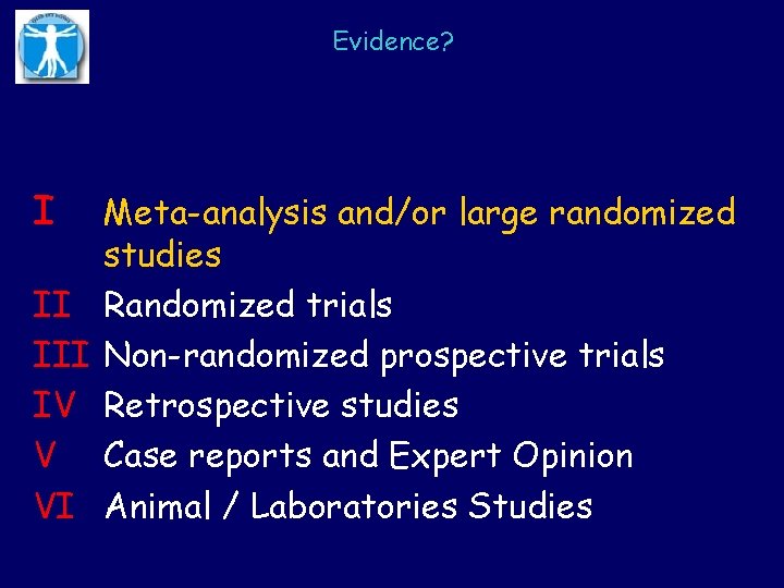 Evidence? I II IV V VI Meta-analysis and/or large randomized studies Randomized trials Non-randomized