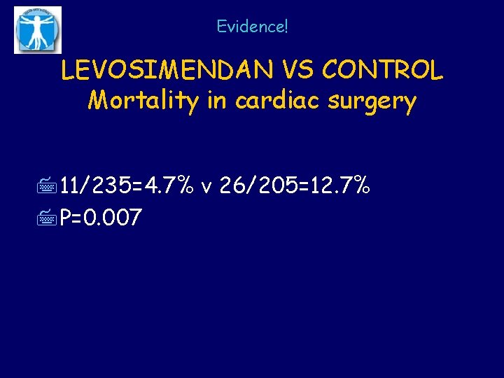 Evidence! LEVOSIMENDAN VS CONTROL Mortality in cardiac surgery 711/235=4. 7% v 26/205=12. 7% 7