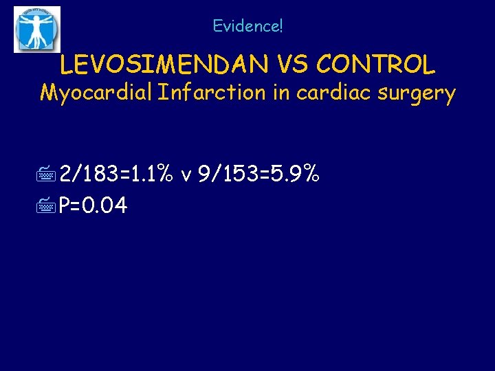 Evidence! LEVOSIMENDAN VS CONTROL Myocardial Infarction in cardiac surgery 72/183=1. 1% v 9/153=5. 9%