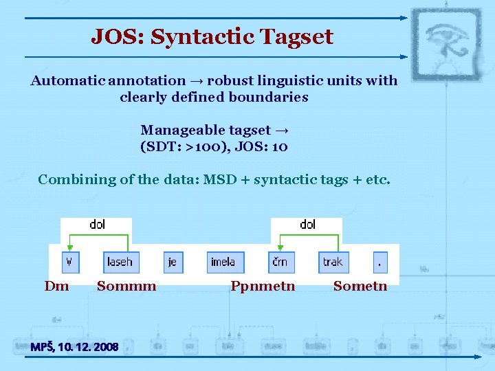 JOS: Syntactic Tagset Automatic annotation → robust linguistic units with clearly defined boundaries Manageable