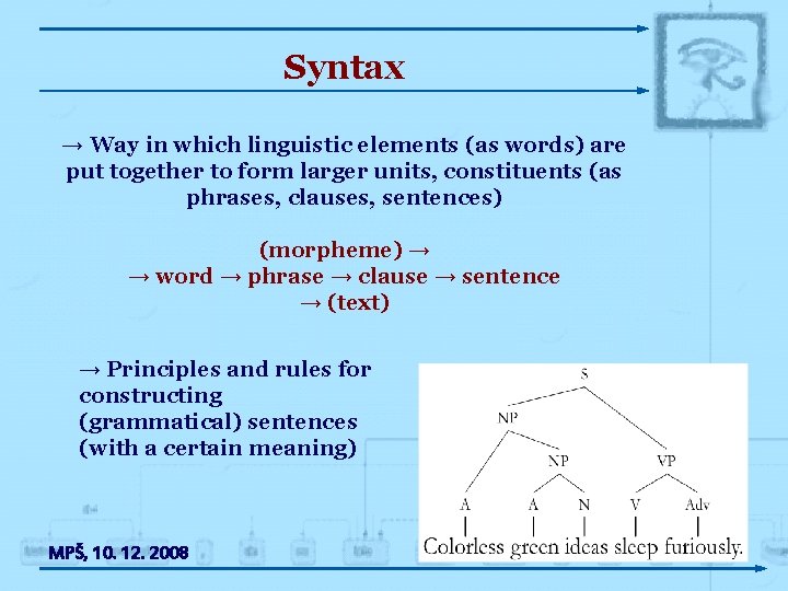 Syntax → Way in which linguistic elements (as words) are put together to form