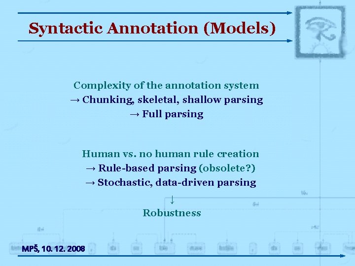 Syntactic Annotation (Models) Complexity of the annotation system → Chunking, skeletal, shallow parsing →