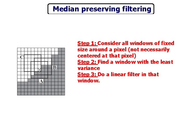 Median preserving filtering Step 1: Consider all windows of fixed size around a pixel