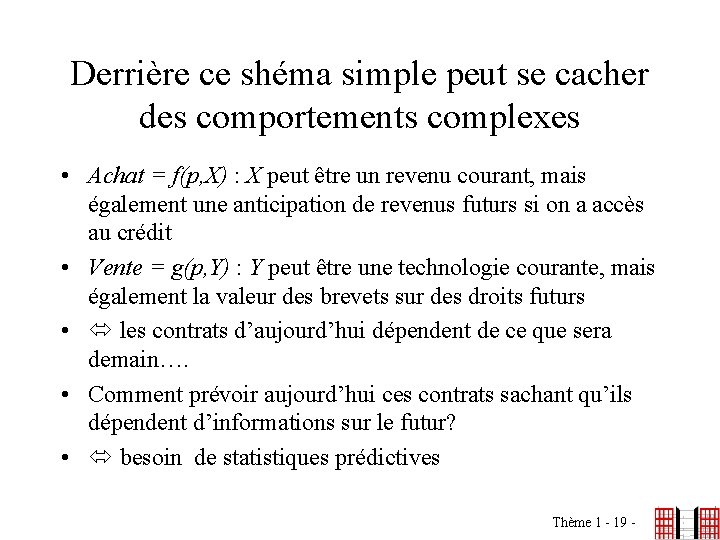 Derrière ce shéma simple peut se cacher des comportements complexes • Achat = f(p,