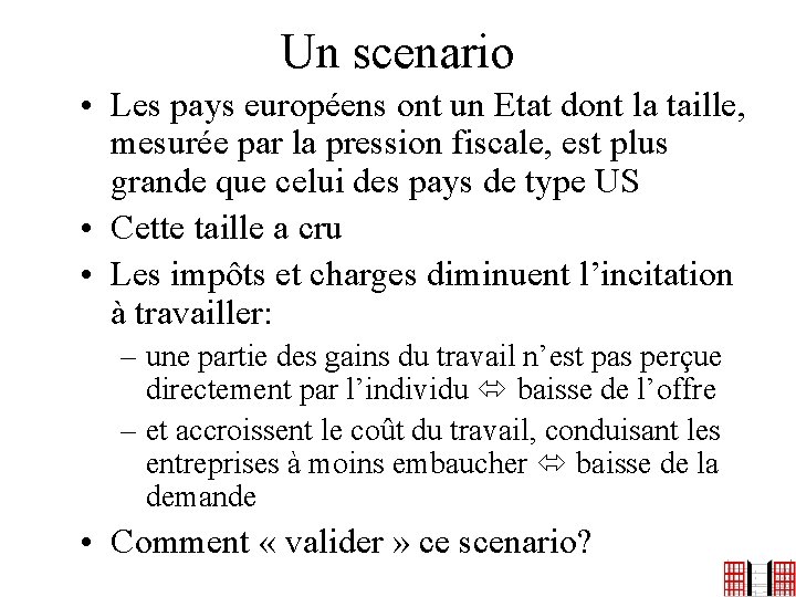 Un scenario • Les pays européens ont un Etat dont la taille, mesurée par