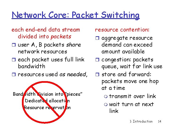 Network Core: Packet Switching each end-end data stream divided into packets r user A,