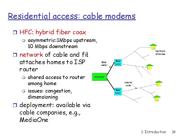 Residential access: cable modems r HFC: hybrid fiber coax m asymmetric: 1 Mbps upstream,