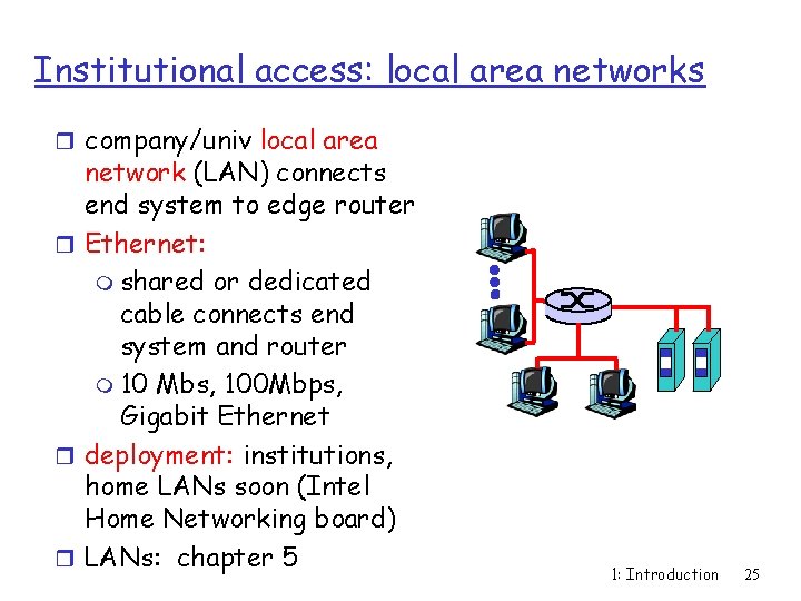 Institutional access: local area networks r company/univ local area network (LAN) connects end system