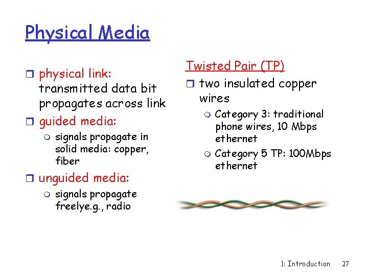 Physical Media r physical link: transmitted data bit propagates across link r guided media: