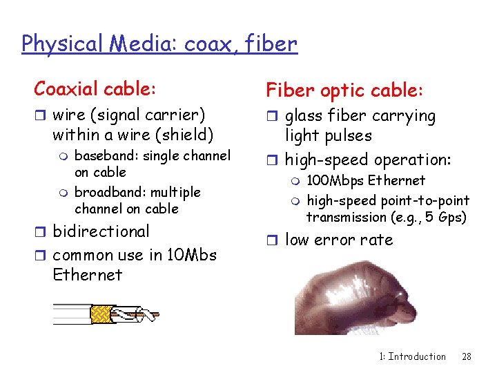 Physical Media: coax, fiber Coaxial cable: r wire (signal carrier) within a wire (shield)