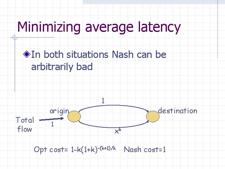 Minimizing average latency In both situations Nash can be arbitrarily bad Total flow origin