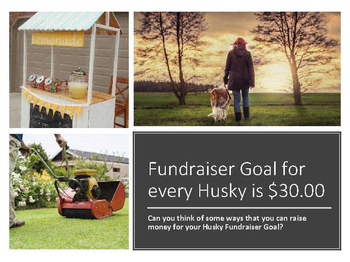 Fundraiser Goal for every Husky is $30. 00 Can you think of some ways