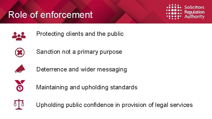 Role of enforcement Protecting clients and the public Sanction not a primary purpose Deterrence Role of enforcement Protecting clients and the public Sanction not a primary purpose Deterrence