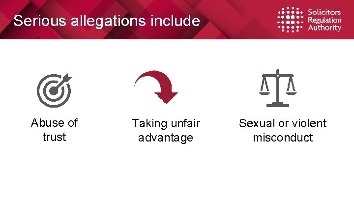Serious allegations include Abuse of trust Taking unfair advantage Sexual or violent misconduct Serious allegations include Abuse of trust Taking unfair advantage Sexual or violent misconduct