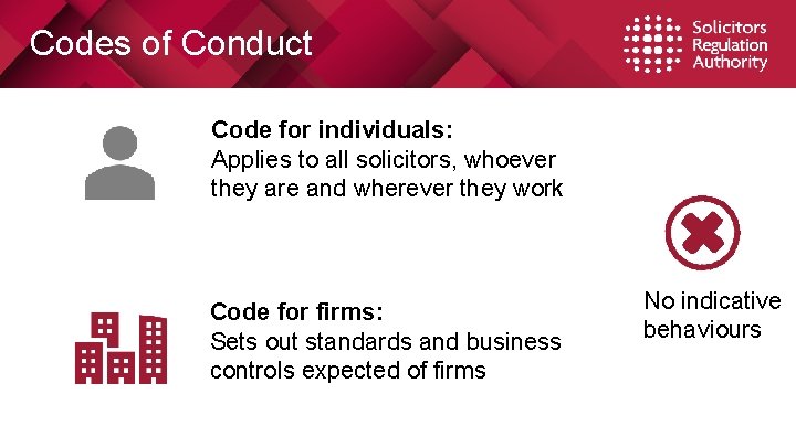 Codes of Conduct Code for individuals: Applies to all solicitors, whoever they are and Codes of Conduct Code for individuals: Applies to all solicitors, whoever they are and