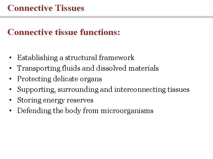 Connective Tissues Connective tissue functions: • • • Establishing a structural framework Transporting fluids